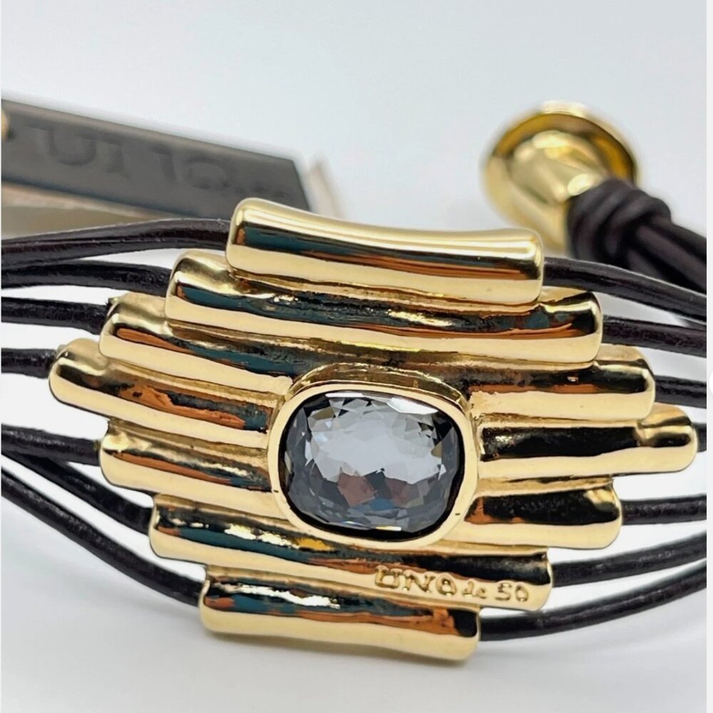 NWT Uno de 50 ATTACHED Gold Plated Gray Crystal Multi Leather Bracelet SZ Small - Picture 7 of 12